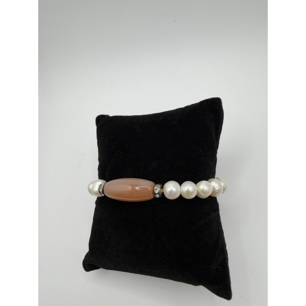 Genuine Pearl And Peach Quartz Stretch Bracelet with Rhinestone Spacer Beads - Picture 3 of 10